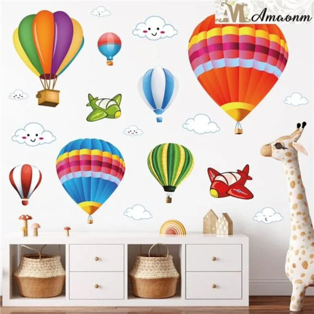 Removable Creative 3D Hot airBalloon Aircraft &Smile Clouds WallDecals Kids room